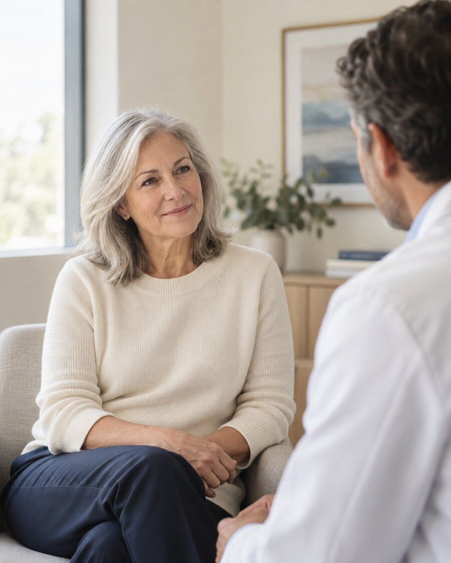 A patient in conversation with her physician during a consultation