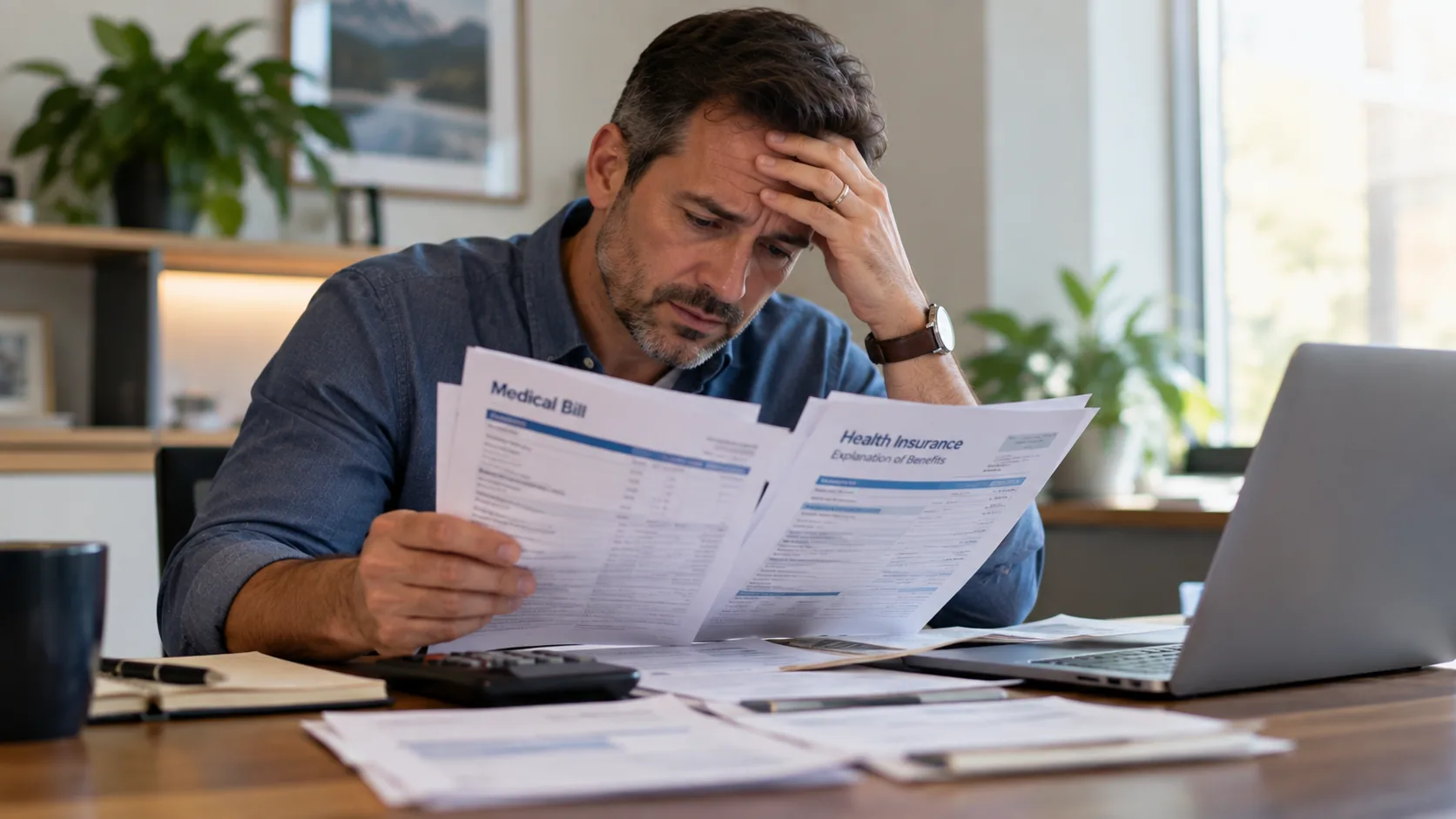 A man reviewing a medical bill and insurance statement